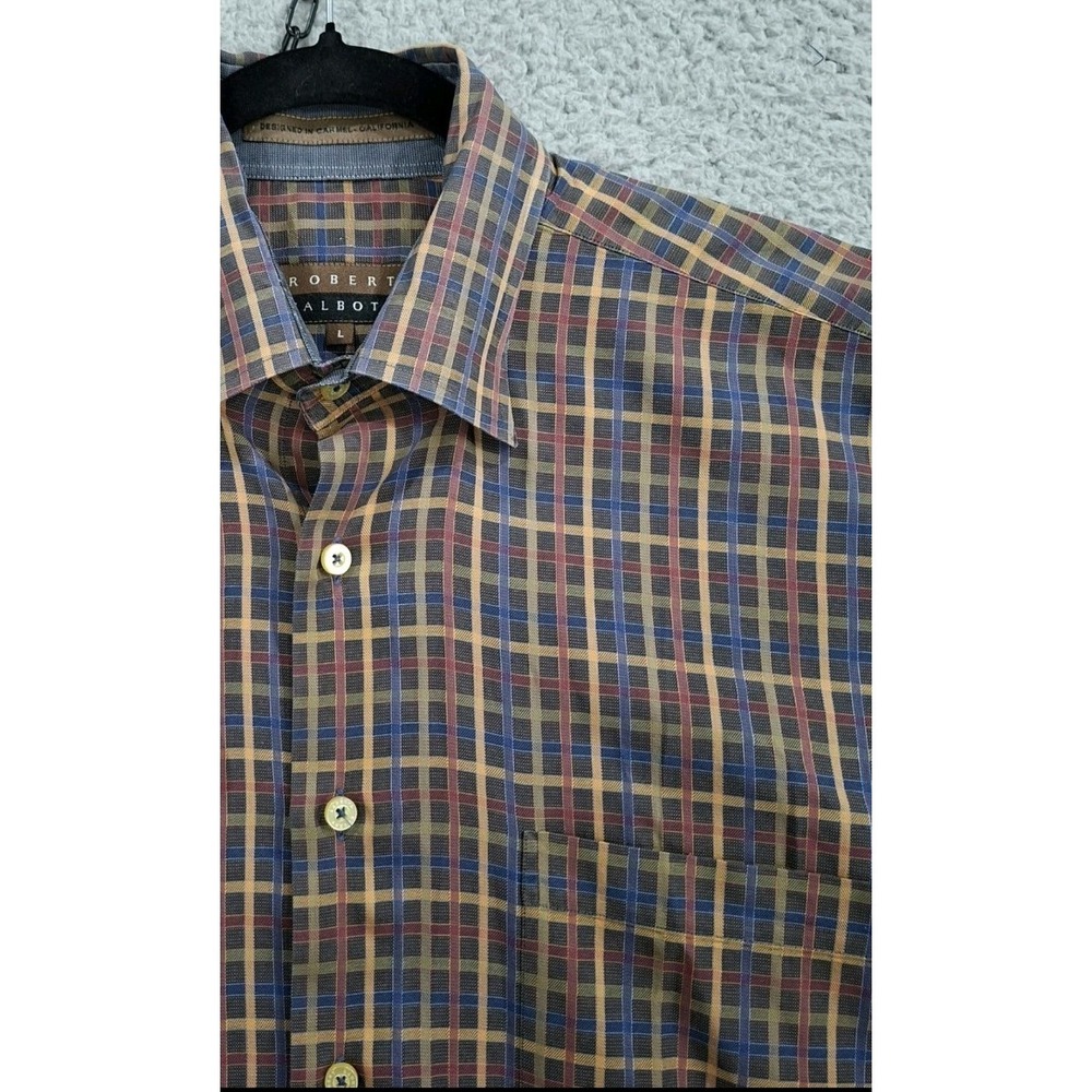 Robert Talbott Mens Button Front Dress Shirt Colorful Windowpane Plaid Large